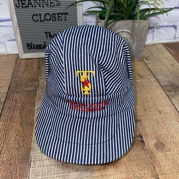Vintage Texas State Railroad Train Conductor Hat Cap Railroad Pin Striped - Picture 1 of 7